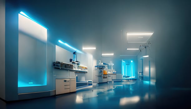 Abstract scientific medical interior blurred background. Blue light. Medical research concept. Ai render. photo