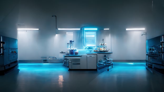 Abstract scientific medical interior blurred background. Blue light. Medical research concept. Ai render. photo