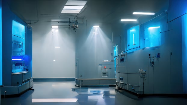 Abstract scientific medical interior blurred background. Blue light. Medical research concept. Ai render. photo