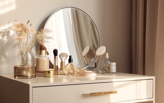Modern, minimal beige dressing table, gold handle drawer storage, twig in glass vase, round vanity mirror in beige wall bedroom for luxury beauty, cosmetic, makeup product background , AI photo