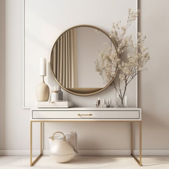 Modern, minimal beige dressing table, gold handle drawer storage, twig in glass vase, round vanity mirror in beige wall bedroom for luxury beauty, cosmetic, makeup product background,, AI photo