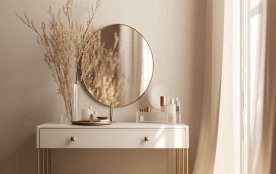 Modern, minimal beige dressing table, gold handle drawer storage, twig in glass vase, round vanity mirror in beige wall bedroom for luxury beauty, cosmetic, makeup product background , AI photo