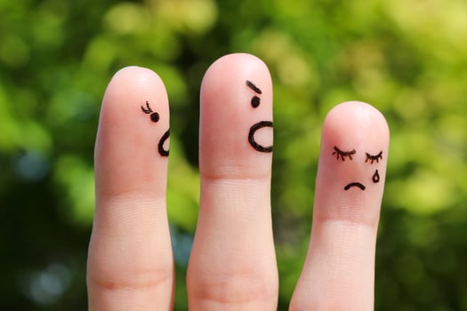 Finger art of family during quarrel. The concept of parents scolded her daughter, she was crying. photo