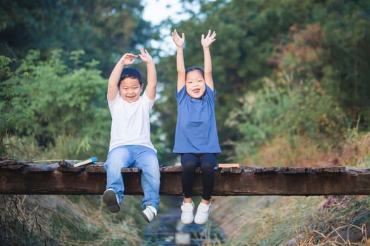 Cheerful children sitting on wooden bridge, Happy kids boy and girl having fun outdoor, brother and sister playing in garden photo