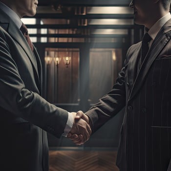 Two confident business man shaking hands during a meeting in the office, success, dealing, greeting and partner concept. . photo