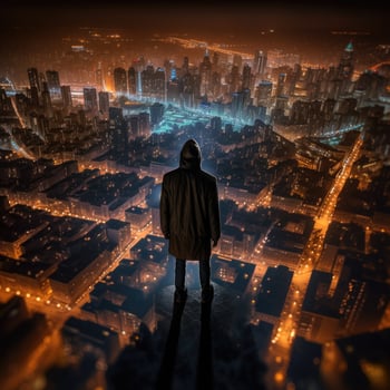 Rear view of young man standing on the rooftop of a skyscraper watching sunset over the big city horizon. Businessman on the roof getting inspired and motivated. . photo