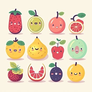 Cartoon funny fruits characters and fruits face illustrations. Funny fruit face and cartoon fruit characters icon set. Cartoon characters. Cartoon face food. . photo