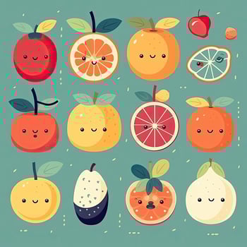 Cartoon funny fruits characters and fruits face illustrations. Funny fruit face and cartoon fruit characters icon set. Cartoon characters. Cartoon face food. . photo