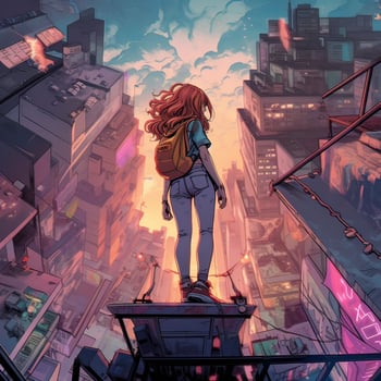 Rear view of young girl standing on the rooftop of a skyscraper watching sunset over the big city horizon. . photo