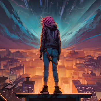 Rear view of young girl standing on the rooftop of a skyscraper watching sunset over the big city horizon. . photo