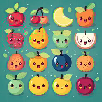 Cartoon funny fruits characters and fruits face illustrations. Funny fruit face and cartoon fruit characters icon set. Cartoon characters. Cartoon face food. . photo
