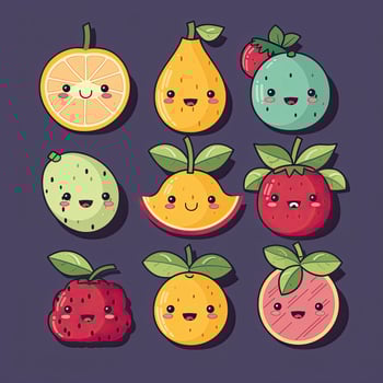 Cartoon funny fruits characters and fruits face illustrations. Funny fruit face and cartoon fruit characters icon set. Cartoon characters. Cartoon face food. . photo