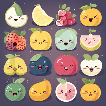 Cartoon funny fruits characters and fruits face illustrations. Funny fruit face and cartoon fruit characters icon set. Cartoon characters. Cartoon face food. . photo