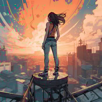 Rear view of young girl standing on the rooftop of a skyscraper watching sunset over the big city horizon. . photo
