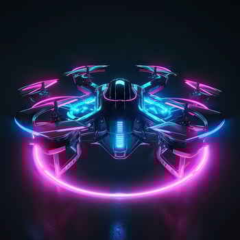 Neon drone with camera. Neon drone color. illustration of a quadrocopter consisting of neon outlines, with backlight on the dark background. . photo