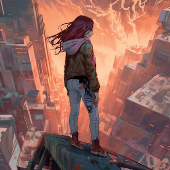 illustration of Rear view of young girl standing on the rooftop of a skyscraper watching sunset over the big city horizon. . photo