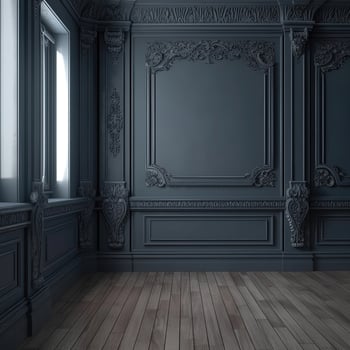 Interior dark wall with wooden molds and wooden carving. Old classic Victorian interior style. photo