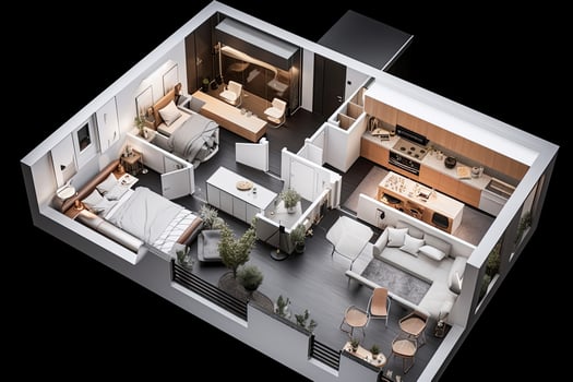 Apartment visualization, design project. Architectural plan for renovation. Living room interior, top view. Created with photo