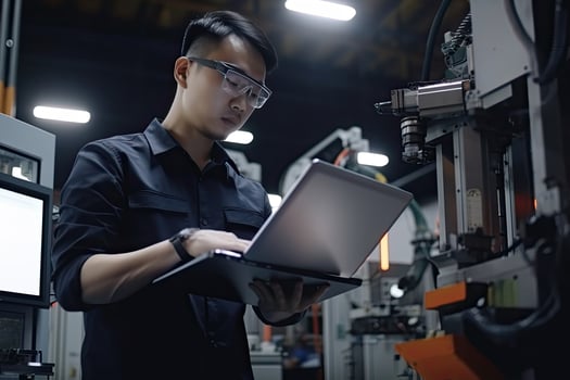 Engineer with tablet computer at factory workplace. Industrial worker controls operation of robotic production line. Created with photo