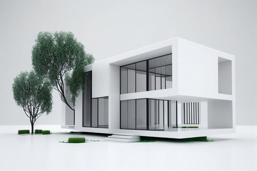Modern house exterior with white walls and concrete floor. 3d rendering photo