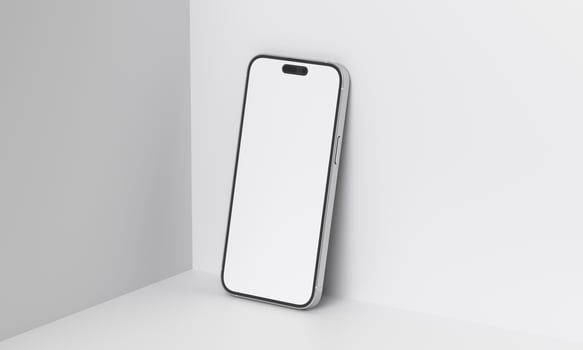 3d render illustration hand holding the white smartphone with full screen and modern frame less design - isolated on white background photo