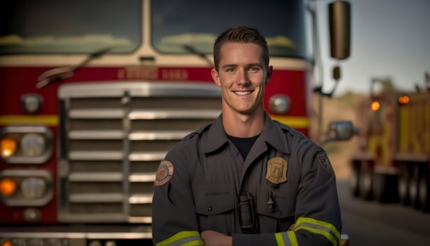 A beautiful smiling young male firefighter beside of a blurry fire station background photo