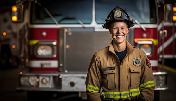 A beautiful smiling young female firefighter beside of a blurry fire station background photo
