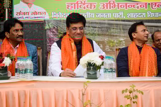 New Delhi, India - March 27 2023 - Piyush Goyal Cabinet Minister and core member of Bharatiya Janata Party - BJP during a rally in support of BJP candidate ahead of MCD local body Elections 2022 photo