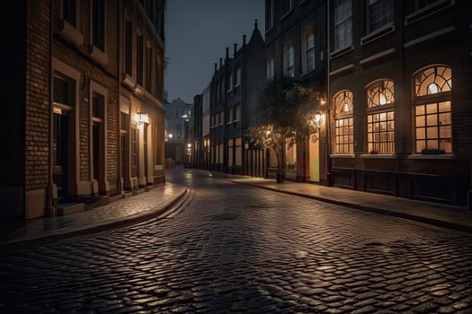 night city view traditional timber framed buildings on both sides of cobblestone street in old town. . photo