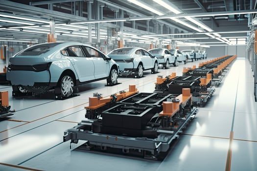 Automation automobile factory concept with 3d rendering robot assembly line with electric car battery cells module on platform photo