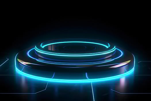 Portal and hologram futuristic Neon color circle elements. Standard podium or studio futuristic pedestal round platform showroom. Circle stage and blue neon light. Science fiction 3D illustration photo