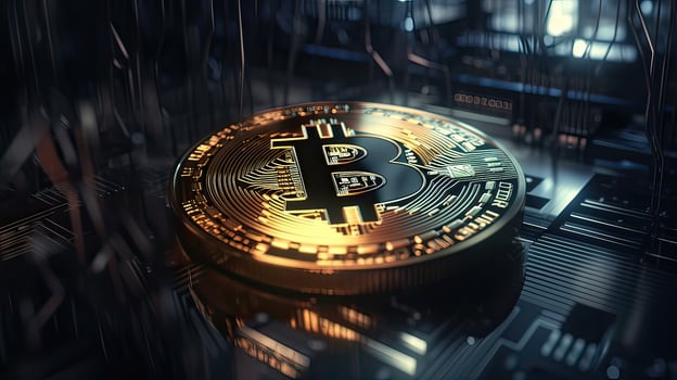 Gold coin Bitcoin on a black background. The concept of cryptocurrency. Blockchain technology. Mixed media. . photo