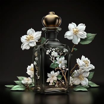 luxury jasmine perfume Bottle in Dark Black Background . photo