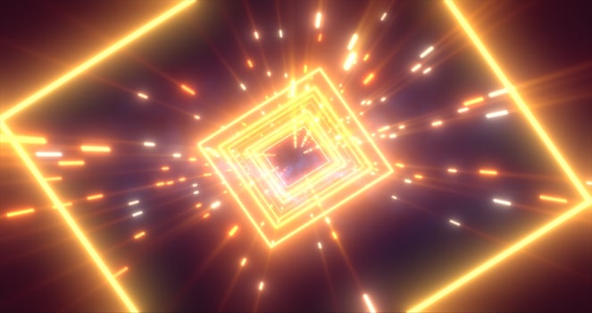 Abstract orange energy futuristic hi-tech square tunnel of flying lines neon magic glowing background photo