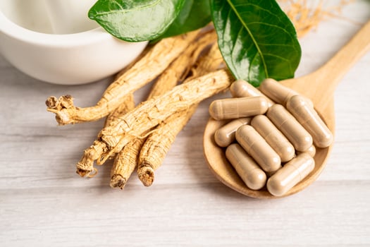 Ginseng, dried vegetable herb. Healthy food famous export food in Korea country. photo