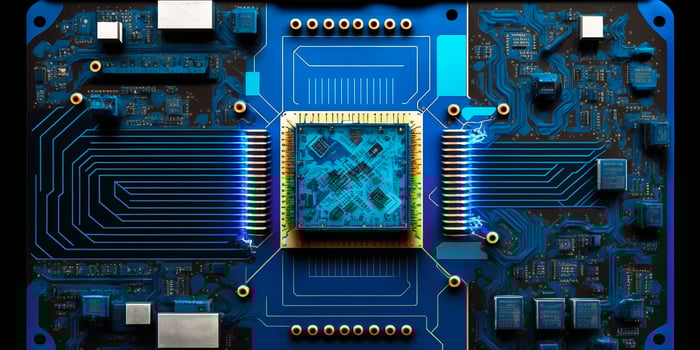 Futuristic electronic microchip circuit board close up concept illustration. illustration. photo