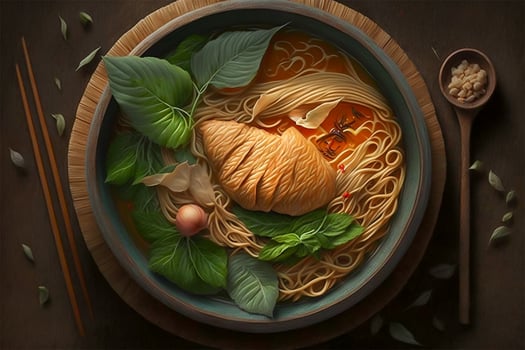 Japanese ramen bowl hot served with chopstick on table. illustration. photo