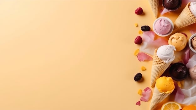 Banner with ice cream. Copy space, top view, summer background. . photo