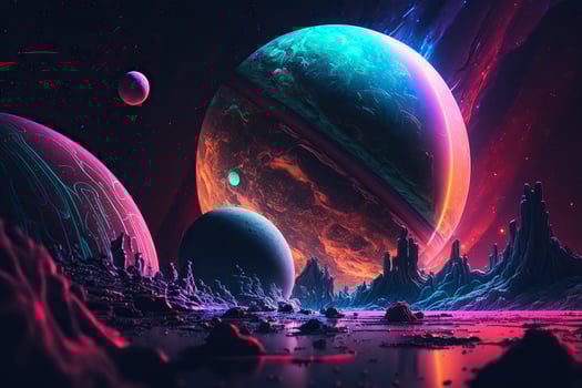 Fantastic planet, neon colors, magical lights in the galaxy. . photo