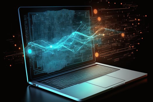 Digital data and network connection on laptop screen. Big data analysis. Network information and data protection concept. Created with photo