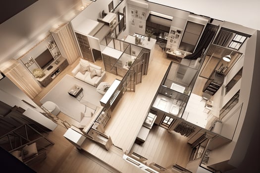 Apartment visualization, design project. Architectural plan for renovation. Living room interior, top view. Created with photo