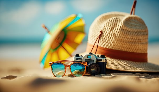 Tropical beach with sunbathing accessories, sunglasses, summer holiday concept background photo
