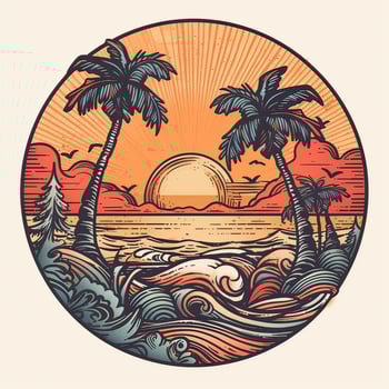 illustration of Tropical landscape with palm trees, ocean and mountain. Cartoon flat panoramic landscape, sunset with the palms art retro style illustration. . photo