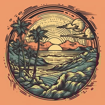 illustration of Tropical landscape with palm trees, ocean and mountain. Cartoon flat panoramic landscape, sunset with the palms art retro style illustration. . photo