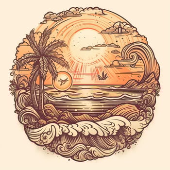 illustration of Tropical landscape with palm trees, ocean and mountain. Cartoon flat panoramic landscape, sunset with the palms art retro style illustration. . photo