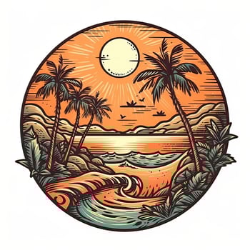 illustration of Tropical landscape with palm trees, ocean and mountain. Cartoon flat panoramic landscape, sunset with the palms art retro style illustration. . photo