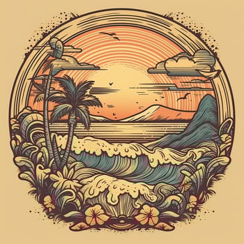 illustration of Tropical landscape with palm trees, ocean and mountain. Cartoon flat panoramic landscape, sunset with the palms art retro style illustration. . photo