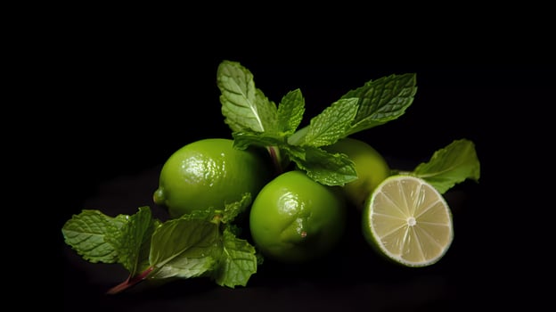 Mojito cocktail on a table in summer bar, Alcohol cocktails with Rum, lime, mint, ice cubes and brown sugar closeup, Party drink. Isolated on black background, selective focus photo