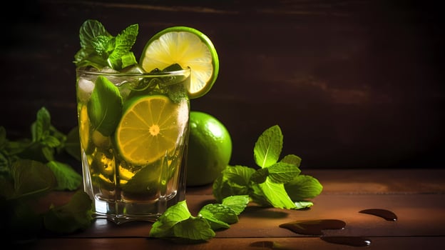 Mojito cocktail on a table in summer bar, Alcohol cocktails with Rum, lime, mint, ice cubes and brown sugar closeup, Party drink. Isolated on black background, selective focus photo
