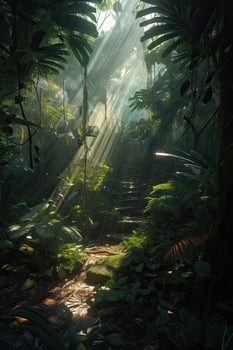 Beautiful Forest in the morning in a fog in the sun, trees in a haze of light, glowing fog among the trees. . photo